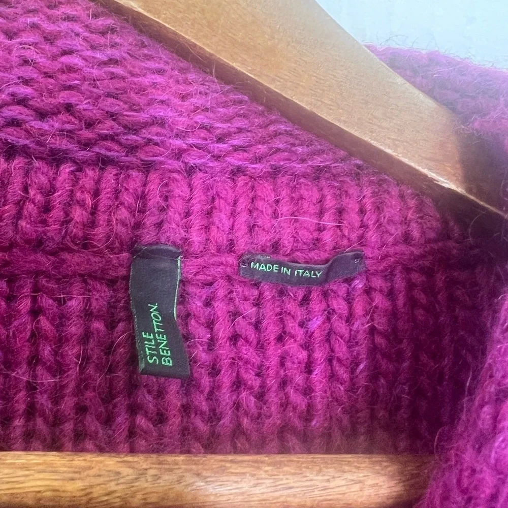United Colors Of Benetton - Vintage Fuchsia Open Knit Turtleneck Sweater Size S - Picture 7 of 9